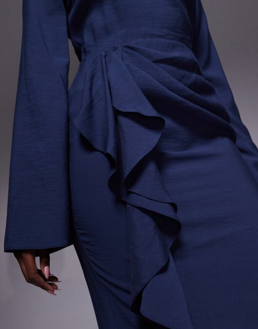 ASOS DESIGN - Vestito lungo a maniche lunghe con gonna con volant blu navy, 2 di 4