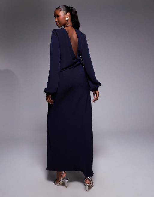 ASOS DESIGN - Vestito lungo a maniche lunghe con incrocio sulla vita e aperto sulla schiena blu navy, 2 di 4