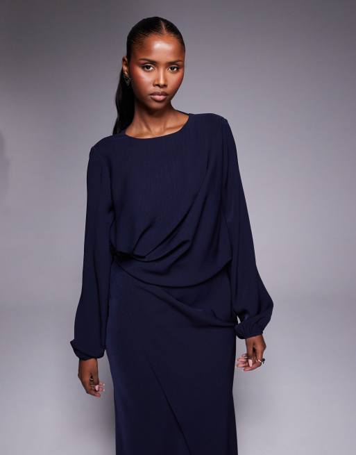 ASOS DESIGN - Vestito lungo a maniche lunghe con incrocio sulla vita e aperto sulla schiena blu navy, 3 di 4