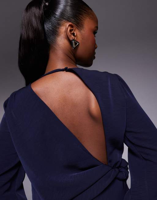 ASOS DESIGN - Vestito lungo a maniche lunghe con incrocio sulla vita e aperto sulla schiena blu navy, 4 di 4