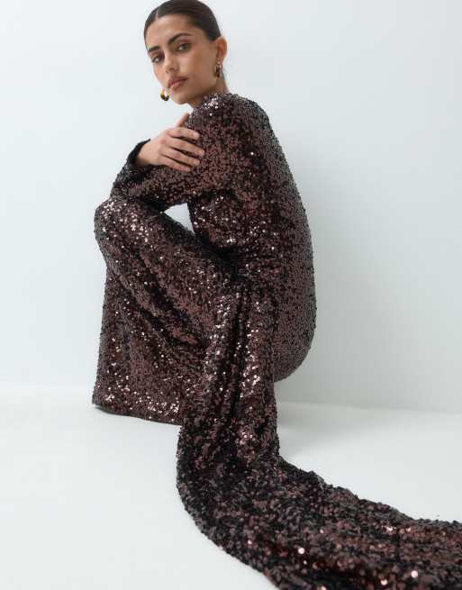ASOS DESIGN vestito lungo a maniche lunghe con paillettes dorato, 2 di 5