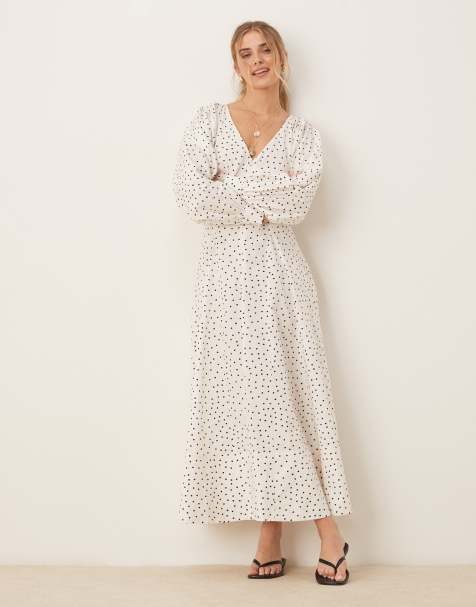 ASOS DESIGN - Vestito lungo a maniche lunghe con scollo a V in popeline bianco a pois - view 1