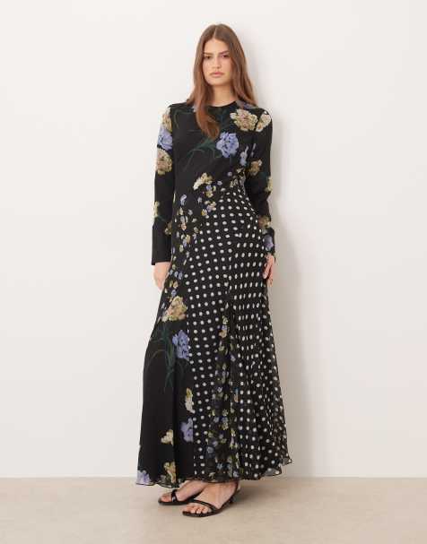 ASOS DESIGN - Vestito lungo a maniche lunghe con scollo a vogatore e fondo godet nero a fiori e pois - view 1