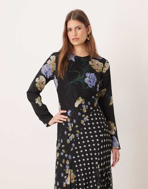 ASOS DESIGN - Vestito lungo a maniche lunghe con scollo a vogatore e fondo godet nero a fiori e pois, 4 di 4