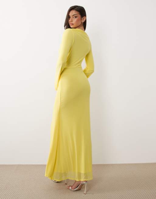 ASOS DESIGN - Vestito lungo a maniche lunghe con scollo profondo e nodo attorcigliato in rete giallo limone, 3 di 4