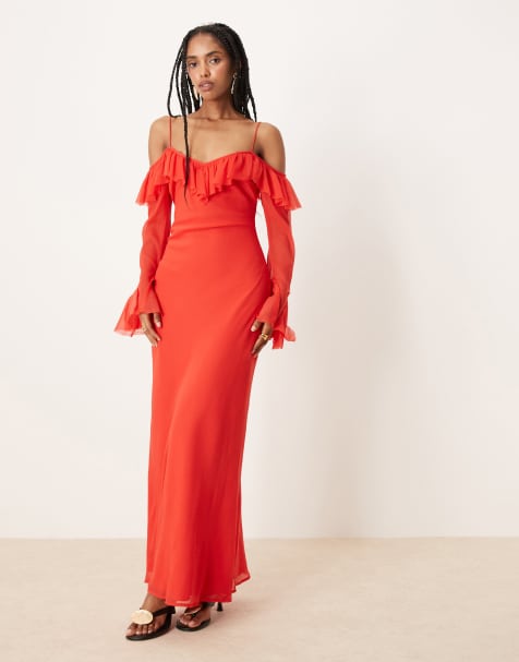 ASOS DESIGN - Vestito lungo a maniche lunghe con spalle scoperte e volant rosso - view 1