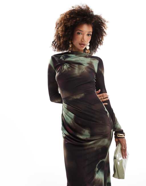 ASOS DESIGN - Vestito lungo a maniche lunghe con stampa astratta scura e dettaglio annodato