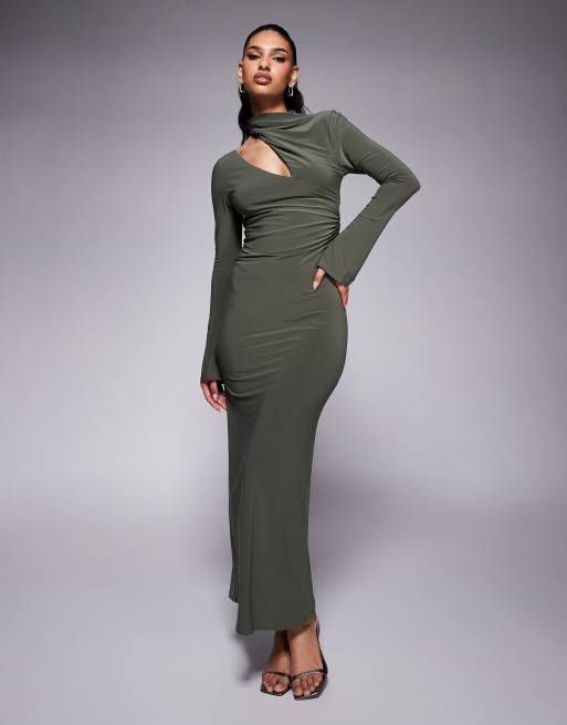 ASOS DESIGN - Vestito lungo a maniche lunghe con taglio sulla spalla verde con corpino arricciato