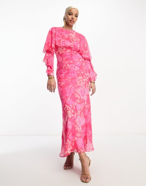 ASOS DESIGN - Vestito lungo a maniche lunghe con volant, taglio sbieco e dettaglio a mantella rosa con stampa di rose
