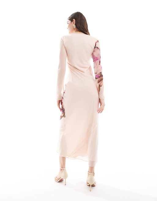 ASOS DESIGN - Vestito lungo a maniche lunghe crema con stampa a fiori rosa, 2 di 4