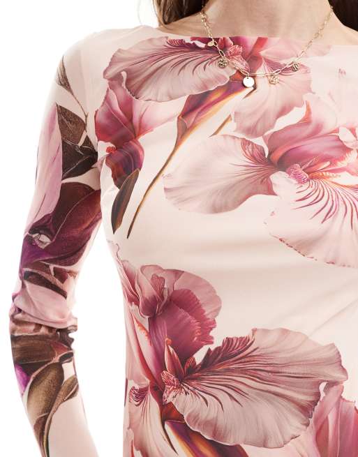 ASOS DESIGN - Vestito lungo a maniche lunghe crema con stampa a fiori rosa, 3 di 4