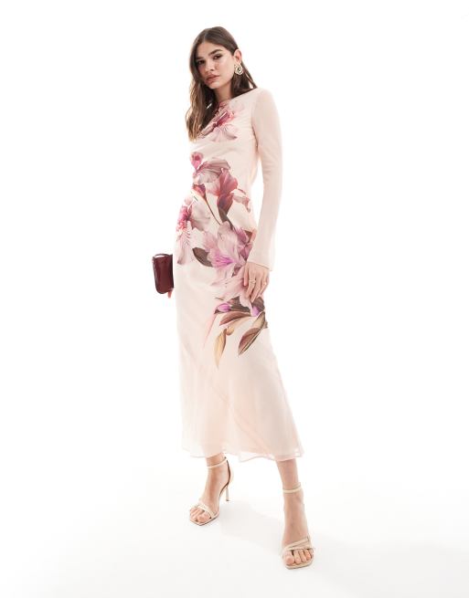 ASOS DESIGN - Vestito lungo a maniche lunghe crema con stampa a fiori rosa, 4 di 4