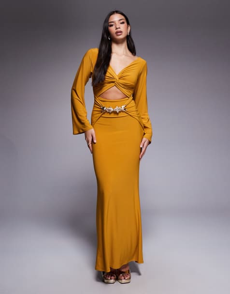 ASOS DESIGN - Vestito lungo a maniche lunghe giallo con drappeggio sul davanti e finiture con pesci dorati - view 1