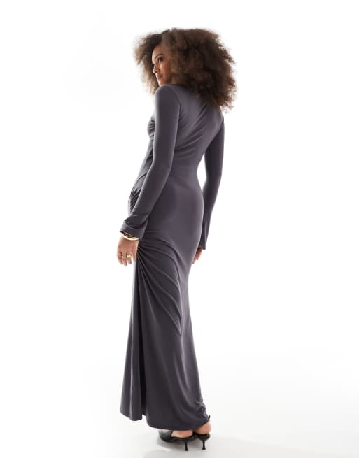 ASOS DESIGN - Vestito lungo a maniche lunghe grigio ardesia con arricciatura laterale, 3 di 4
