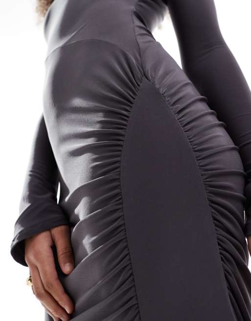 ASOS DESIGN - Vestito lungo a maniche lunghe grigio ardesia con arricciatura laterale, 4 di 4