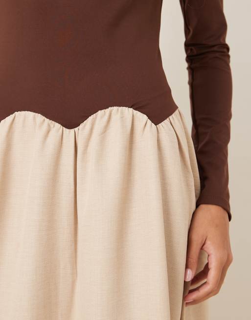 ASOS DESIGN - Vestito lungo a maniche lunghe ibrido color cioccolato e nero con vita smerlata, 4 di 4
