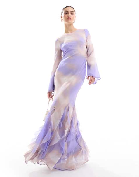 ASOS DESIGN - Vestito lungo a maniche lunghe in chiffon blu con stampa astratta - view 1