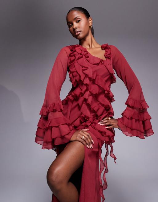 ASOS DESIGN - Vestito lungo a maniche lunghe in chiffon bordeaux morbido con volant e balze asimmetriche, 2 di 4