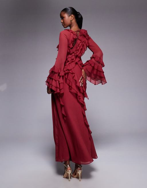 ASOS DESIGN - Vestito lungo a maniche lunghe in chiffon bordeaux morbido con volant e balze asimmetriche, 4 di 4