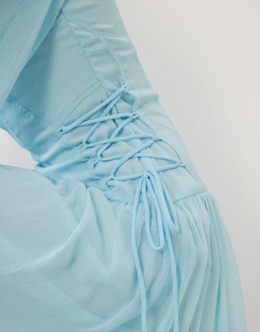 ASOS DESIGN - Vestito lungo a maniche lunghe in chiffon celeste con laccetti, 3 di 4