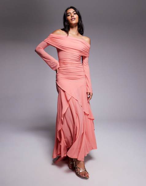ASOS DESIGN - Vestito lungo a maniche lunghe in chiffon elasticizzato color corallo con scollo alla Bardot e volant sull'orlo - view 1