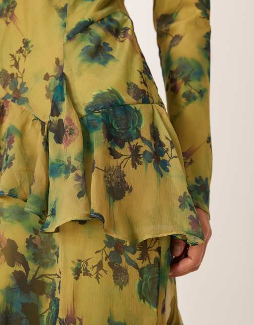 ASOS DESIGN - Vestito lungo a maniche lunghe in chiffon verde a fiori con volant, 4 di 4