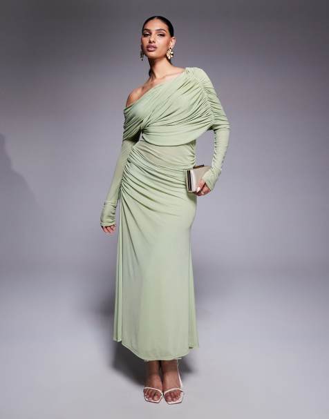 ASOS DESIGN - Vestito lungo a maniche lunghe in misto rete verde salvia con scollo alla Bardot pronunciato - view 1