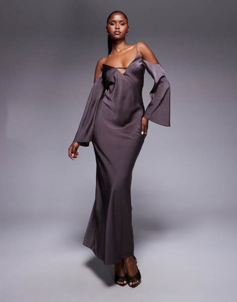 ASOS DESIGN - Vestito lungo a maniche lunghe in raso color mocha con spalle scese e spalline sottili - view 1