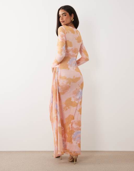 ASOS DESIGN - Vestito lungo a maniche lunghe in rete arancione a fiori, 4 di 4