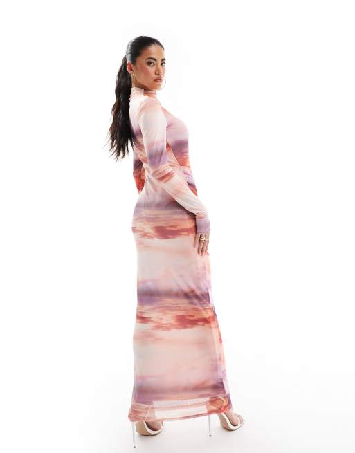 ASOS DESIGN - Vestito lungo a maniche lunghe in rete con arricciatura e stampa stile acquerello