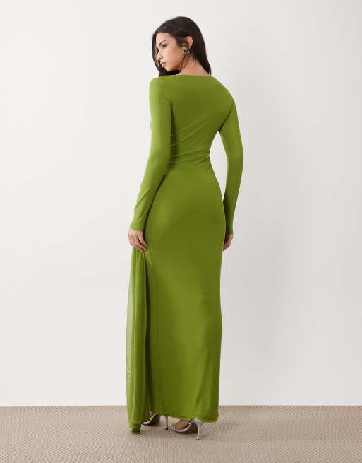 ASOS DESIGN - Vestito lungo a maniche lunghe in rete verde, 4 di 4