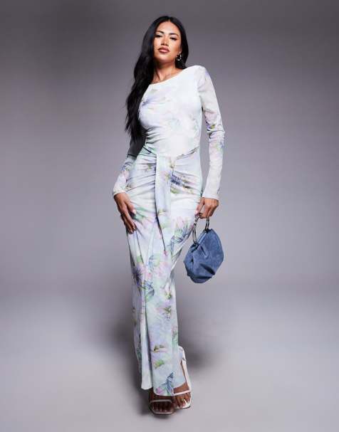 ASOS DESIGN - Vestito lungo a maniche lunghe in tessuto a rete con scollo a barchetta, schiena scoperta e stampa a fiori - view 1