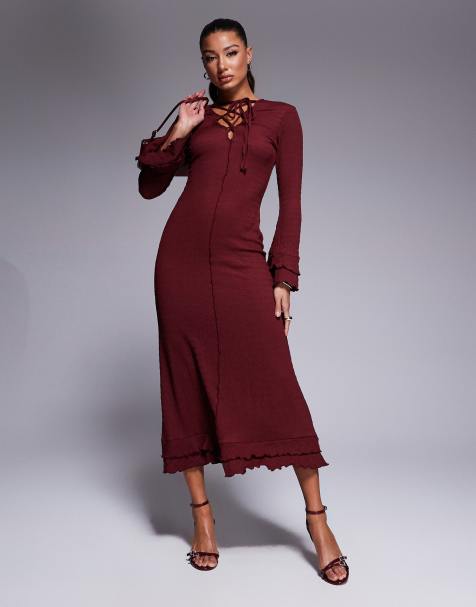 ASOS DESIGN - Vestito lungo a maniche lunghe in tessuto stropicciato bordeaux con volant - view 1