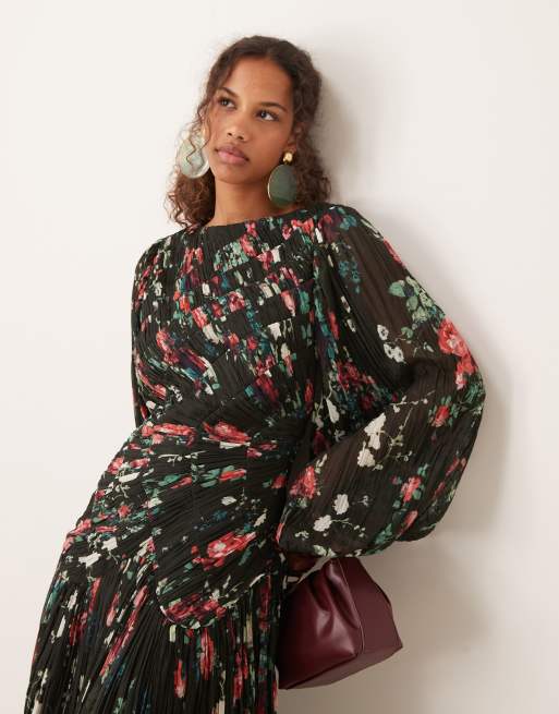 ASOS DESIGN - Vestito lungo a maniche lunghe in tessuto stropicciato con stampa a fiori color kaki, arricciature e vita scesa