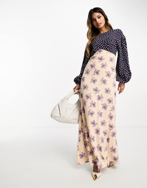 ASOS DESIGN - Vestito lungo a maniche lunghe in viscosa con stampa a pois e a fiori, 3 di 4