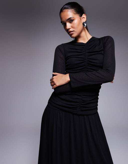 ASOS DESIGN - Vestito lungo a maniche lunghe nero arricciato sul davanti testurizzato a coste, 2 di 4