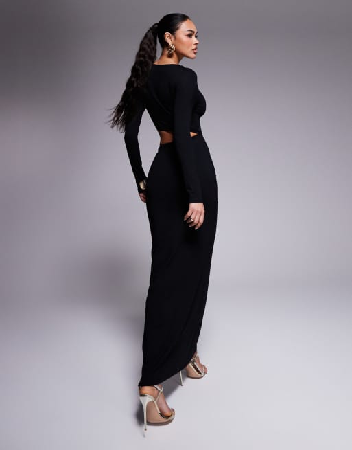 ASOS DESIGN - Vestito lungo a maniche lunghe nero con cut-out in vita e spallina attorcigliata, 3 di 4