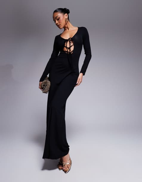 ASOS DESIGN - Vestito lungo a maniche lunghe nero con fondo a ruota e laccetti - view 1