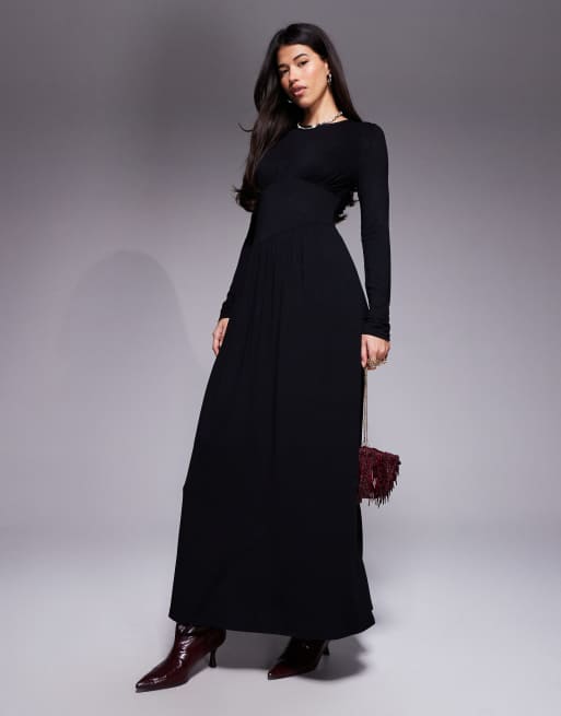 ASOS DESIGN - Vestito lungo a maniche lunghe nero con scollo a barchetta e dettaglio asimmetrico in vita