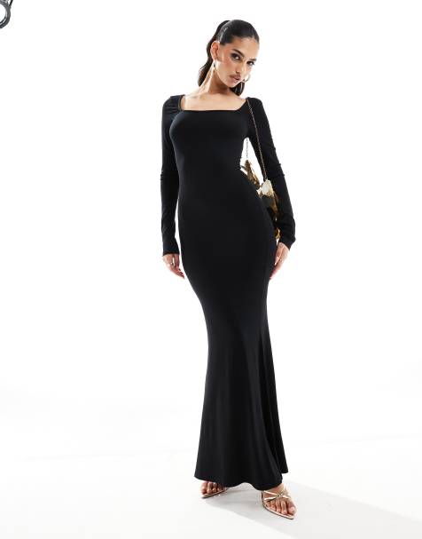 ASOS DESIGN - Vestito lungo a maniche lunghe nero con silhouette morbida e scollo squadrato - view 1