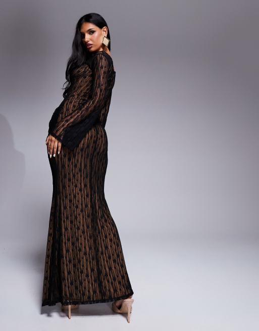 ASOS DESIGN - Vestito lungo a maniche lunghe nero in pizzo con coppe e scollo alla Bardot, 4 di 4