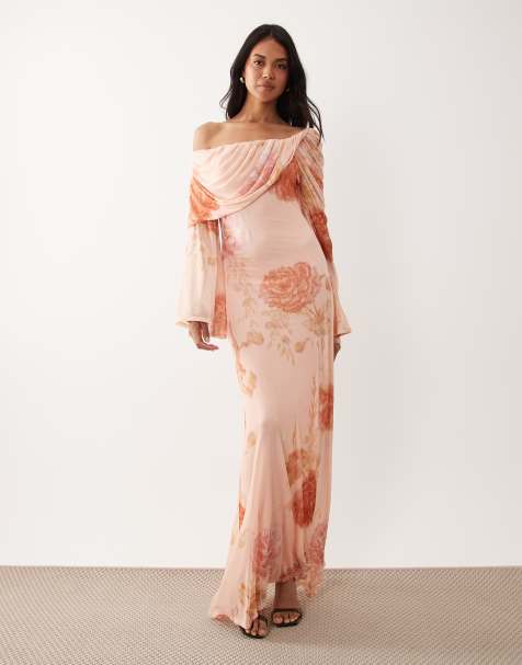 ASOS DESIGN - Vestito lungo a maniche lunghe rosa a fiori con spalle scoperte e scollo drappeggiato - view 1