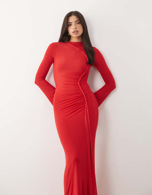 ASOS DESIGN - Vestito lungo a maniche lunghe rosso in rete con dettaglio attorcigliato