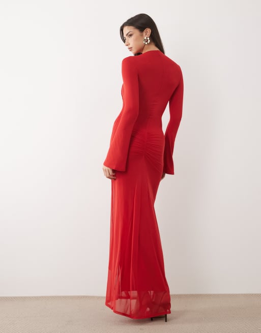 ASOS DESIGN - Vestito lungo a maniche lunghe rosso in rete con dettaglio attorcigliato, 2 di 4