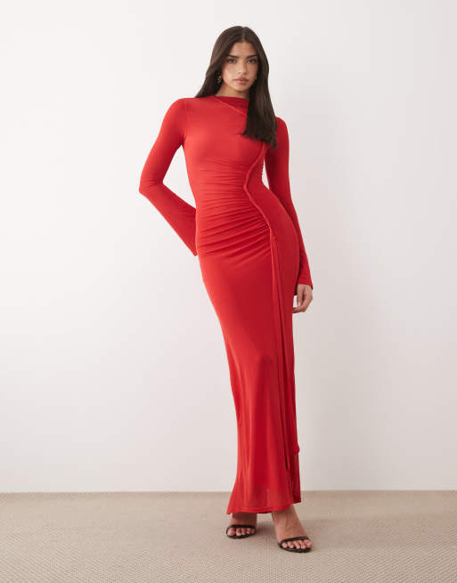 ASOS DESIGN - Vestito lungo a maniche lunghe rosso in rete con dettaglio attorcigliato, 3 di 4