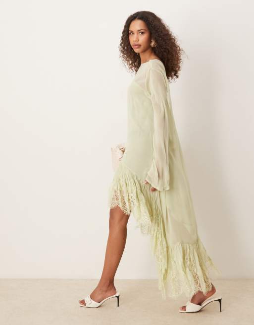 ASOS DESIGN - Vestito lungo a maniche lunghe verde con dettagli in pizzo trasparente e fondo asimmetrico