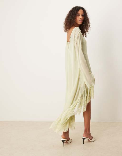 ASOS DESIGN - Vestito lungo a maniche lunghe verde con dettagli in pizzo trasparente e fondo asimmetrico, 4 di 4