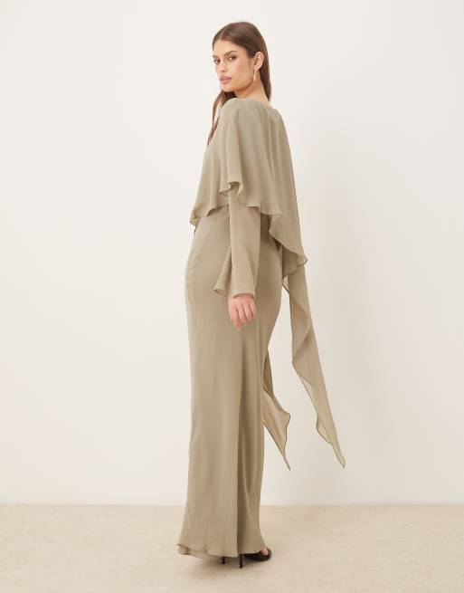ASOS DESIGN - Vestito lungo a maniche lunghe verde salvia con mantella, 2 di 4