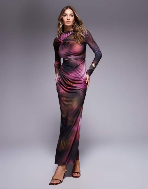 ASOS DESIGN - Vestito lungo a maniche lunghe viola con stampa astratta e dettaglio annodato
