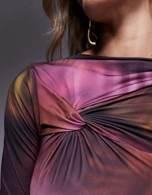 ASOS DESIGN - Vestito lungo a maniche lunghe viola con stampa astratta e dettaglio annodato, 3 di 4